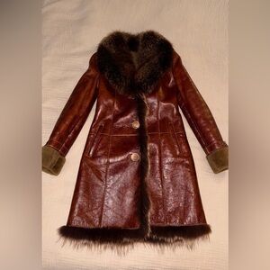 Genuine leather winter coat lined sheepskin with genuine fox fur collar